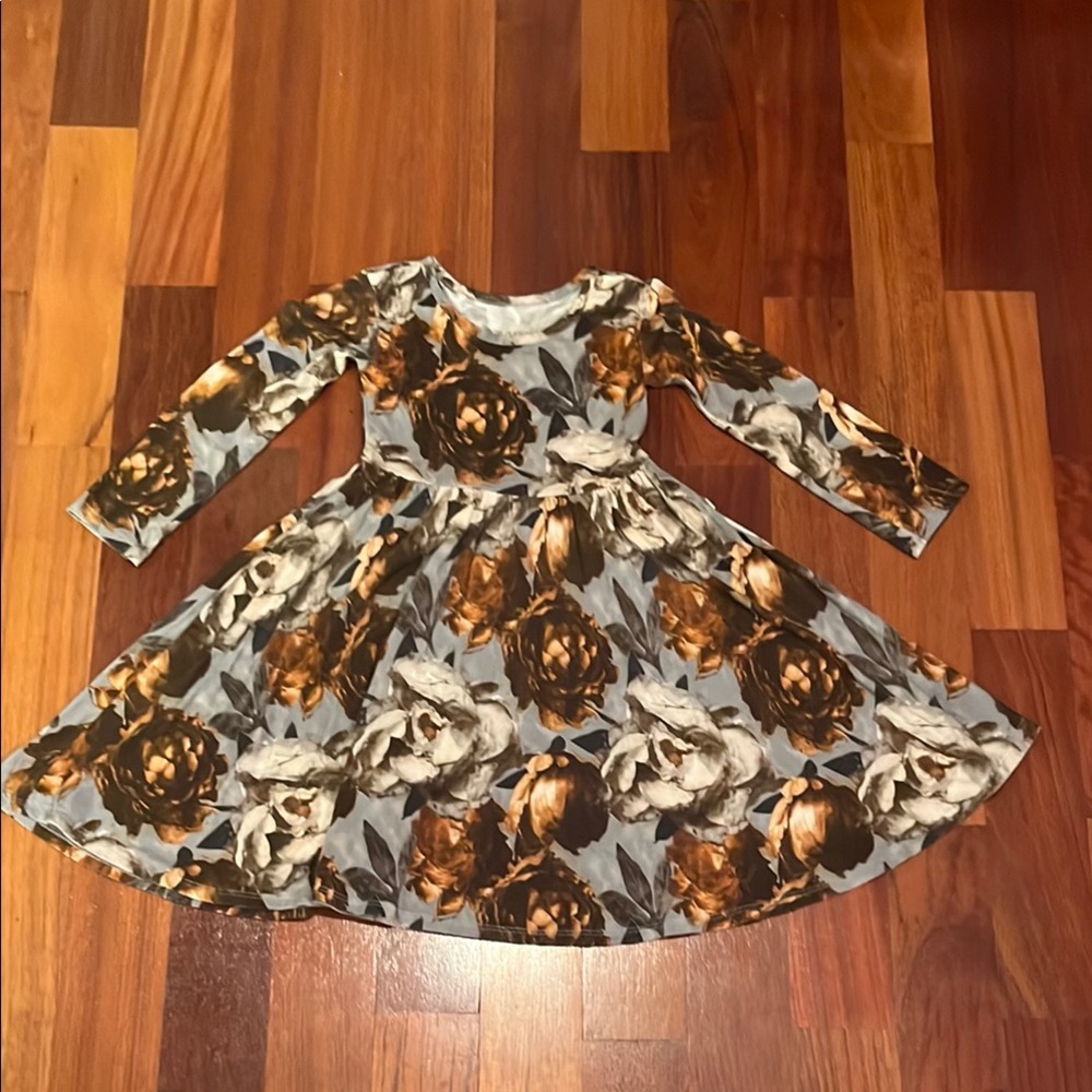 Brown and White Rose Print Midi Dress